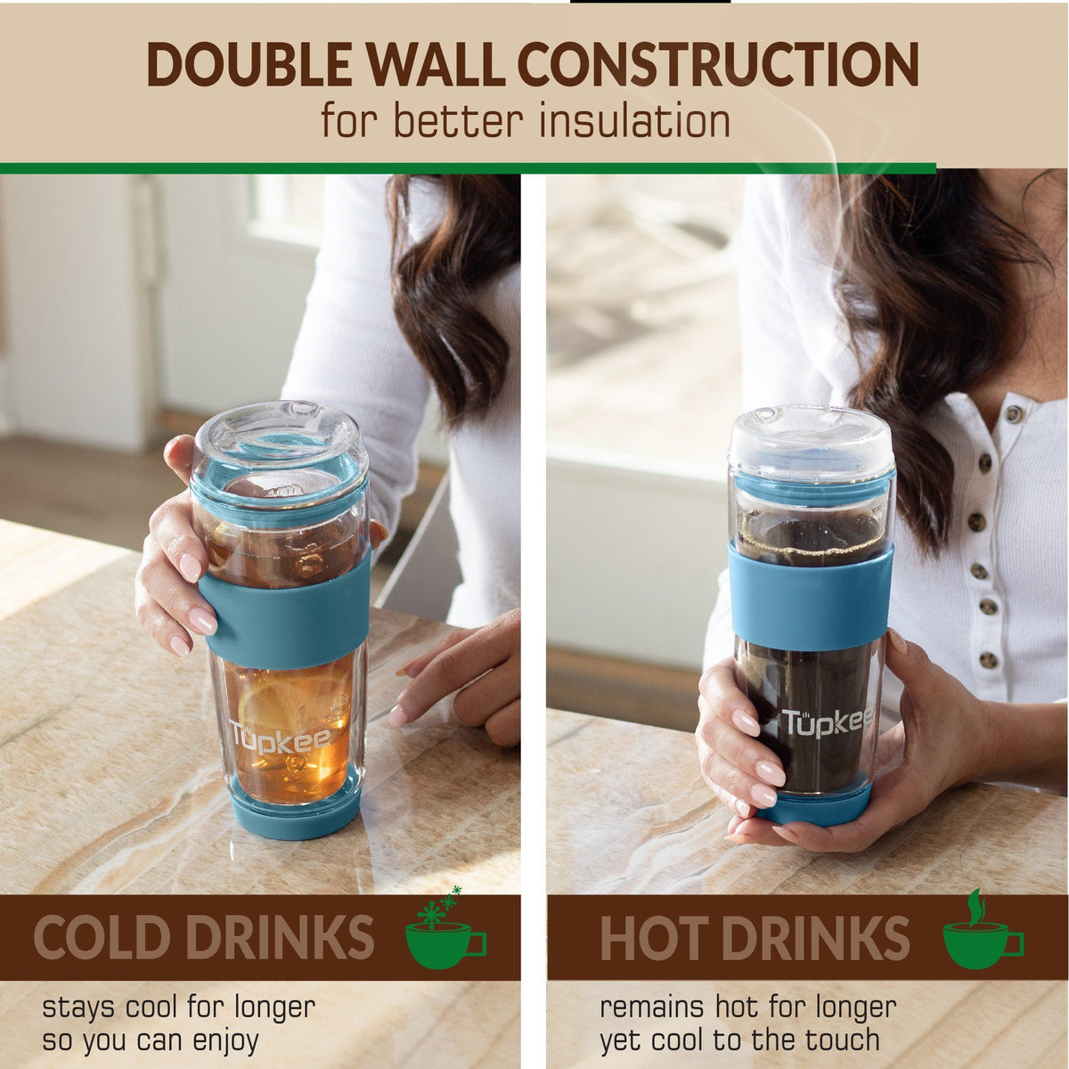 Double Wall Glass Tumbler - 14-Ounce, All Glass Reusable Insulated Tea/Coffee Mug & Lid, Hand Blown Glass Travel Mug