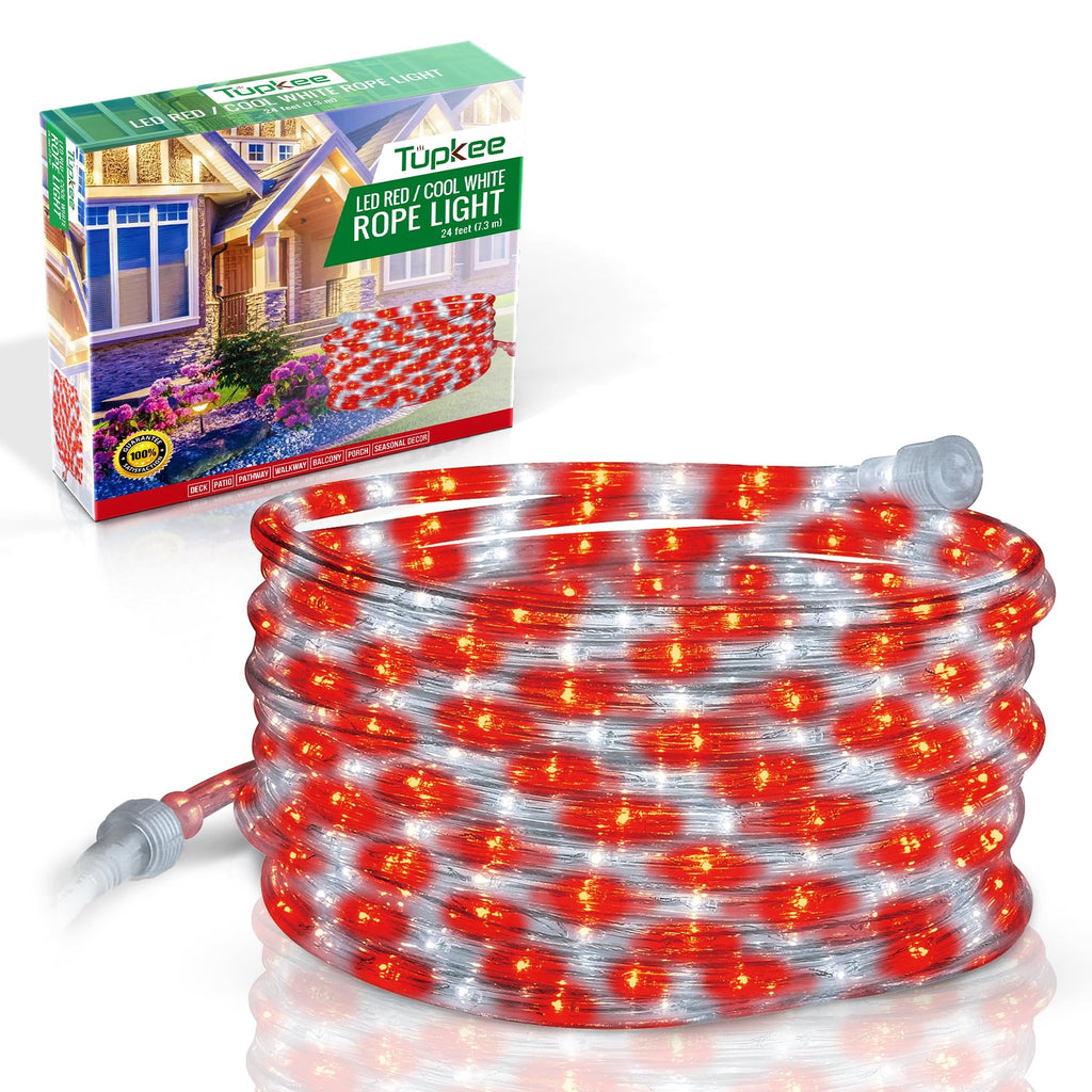 Rope Light LED Red & White - Candy Cane Peppermint Rope Lights - 24 Feet (7.3 m), for Indoor and Outdoor use - 10MM Diameter - 144 LED Long Life Bulbs Decorative Rope Tube Lights - Pack of 2