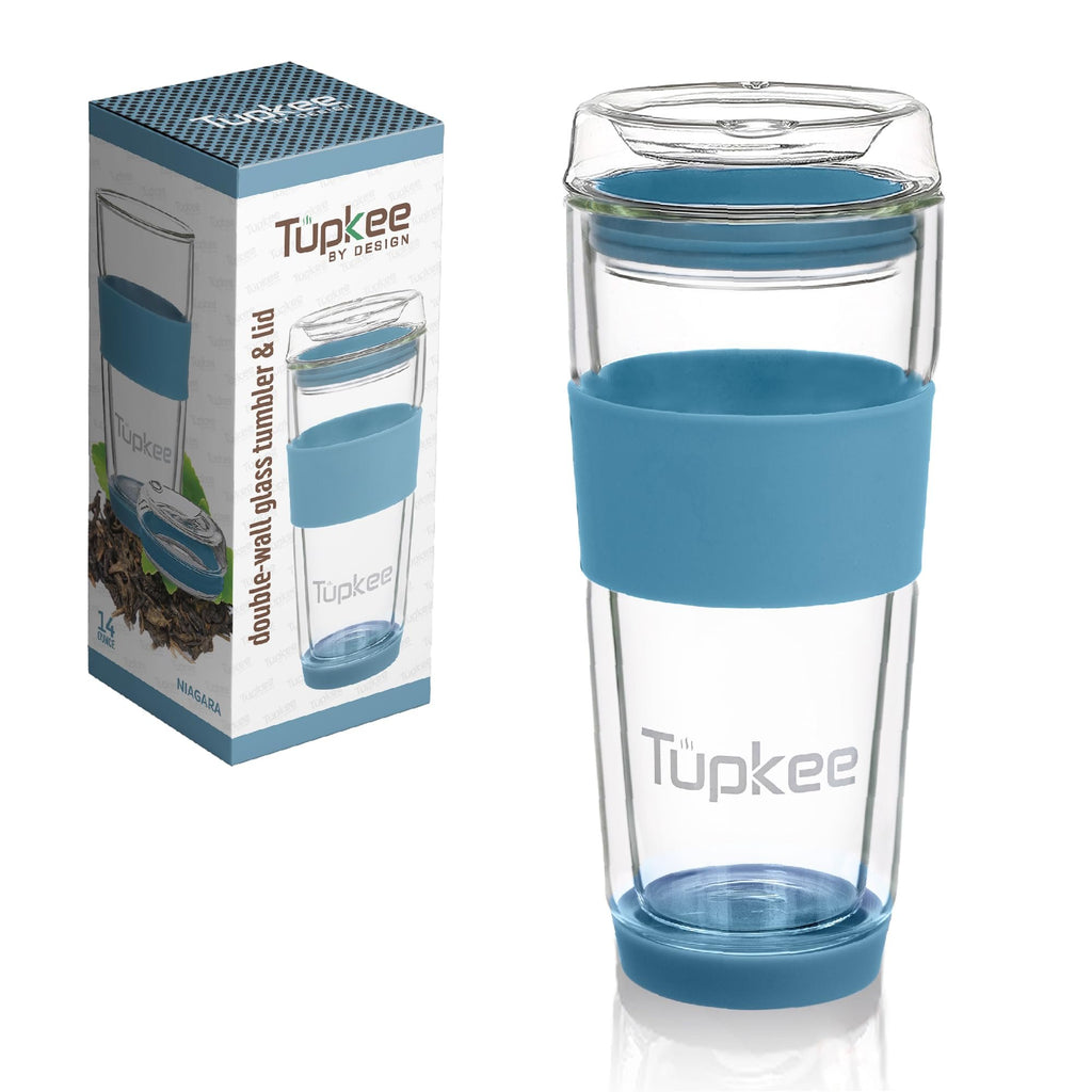 Double Wall Glass Tumbler - 14-Ounce, All Glass Reusable Insulated Tea/Coffee Mug & Lid, Hand Blown Glass Travel Mug - Niagara