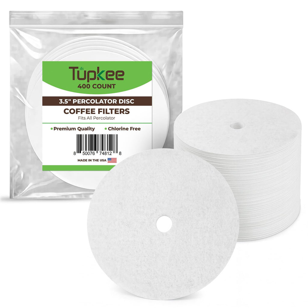 Tupkee 3.5" Percolator Coffee Filters – Flat Disc Round Coffee Filters with Center Hole - 400 Count | Fits All Percolator Coffee Pots - White, Chlorine-Free - Made in the USA