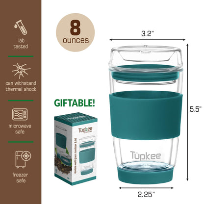Double Wall Glass Tumbler - 8-Ounce, All Glass Reusable Insulated Tea/Coffee Mug & Lid, Hand Blown Glass Travel Mug