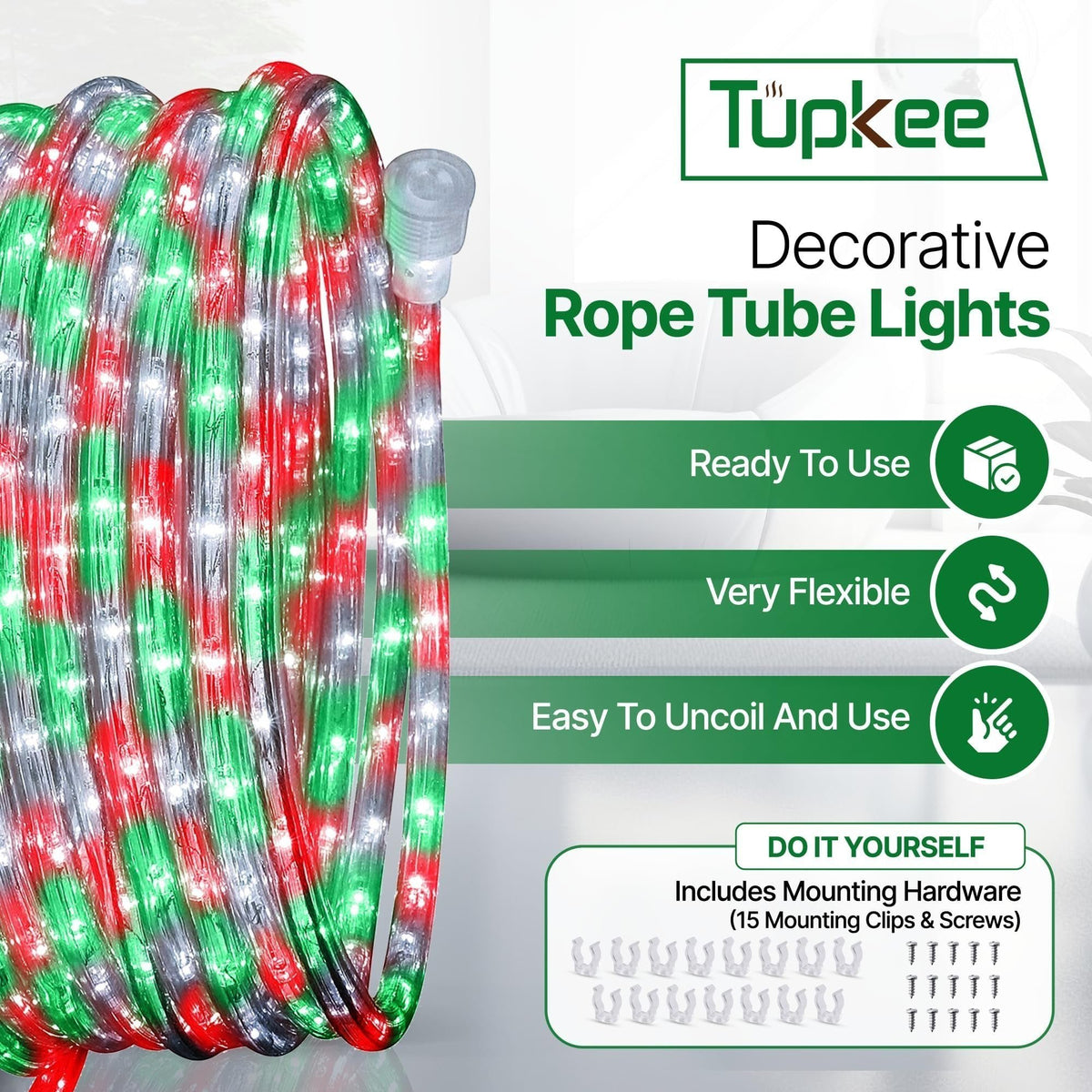 Rope Light LED - 24 Feet (7.3 m), for Indoor and Outdoor use - 10MM Diameter - 144 LED Long Life Bulbs Decorative Rope Tube Lights