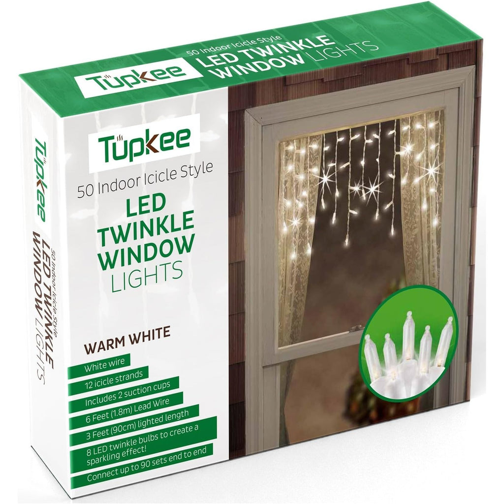 Christmas LED Twinkle Window Icicle Lights - 3 Feet (0.91 m) - 8 of 50 Lights Twinkling - 50 LED Warm White Bulbs - Indoor Outdoor - Random Shimmering Twinkle Icicle Lights, Sparkling Christmas Lights