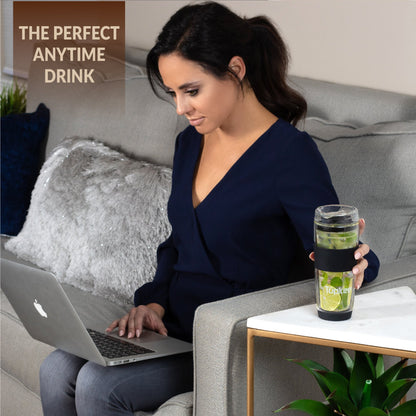 Double Wall Glass Tumbler - 14-Ounce, All Glass Reusable Insulated Tea/Coffee Mug & Lid, Hand Blown Glass Travel Mug