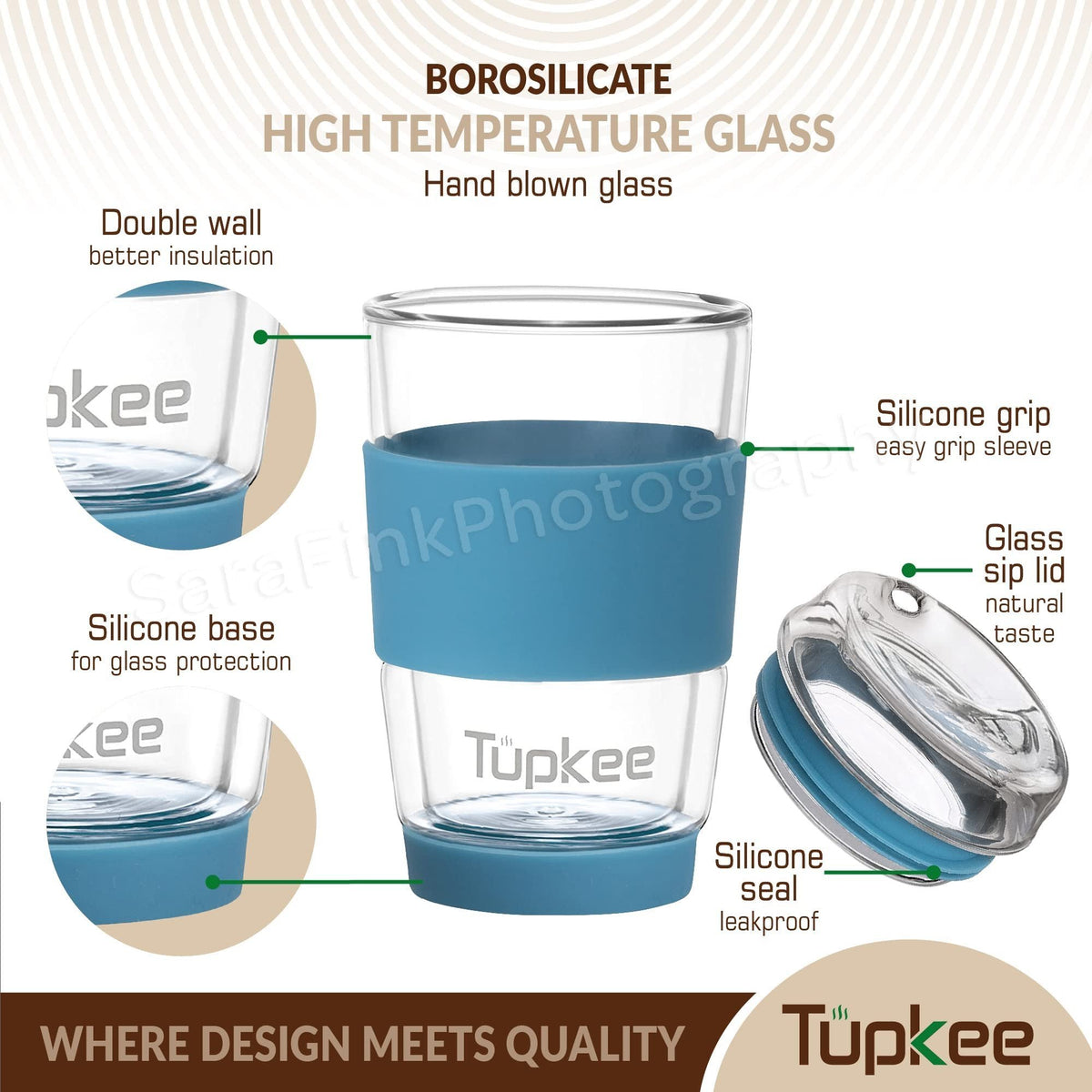 Double Wall Glass Tumbler - 8-Ounce, All Glass Reusable Insulated Tea/Coffee Mug & Lid, Hand Blown Glass Travel Mug