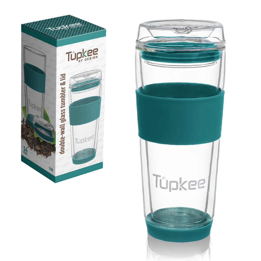 Double Wall Glass Tumbler - 14-Ounce, All Glass Reusable Insulated Tea/Coffee Mug & Lid, Hand Blown Glass Travel Mug - Cyan - 2 Pack