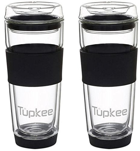 Double Wall Glass Tumbler - 14-Ounce, All Glass Reusable Insulated Tea/Coffee Mug & Lid, Hand Blown Glass Travel Mug - Black