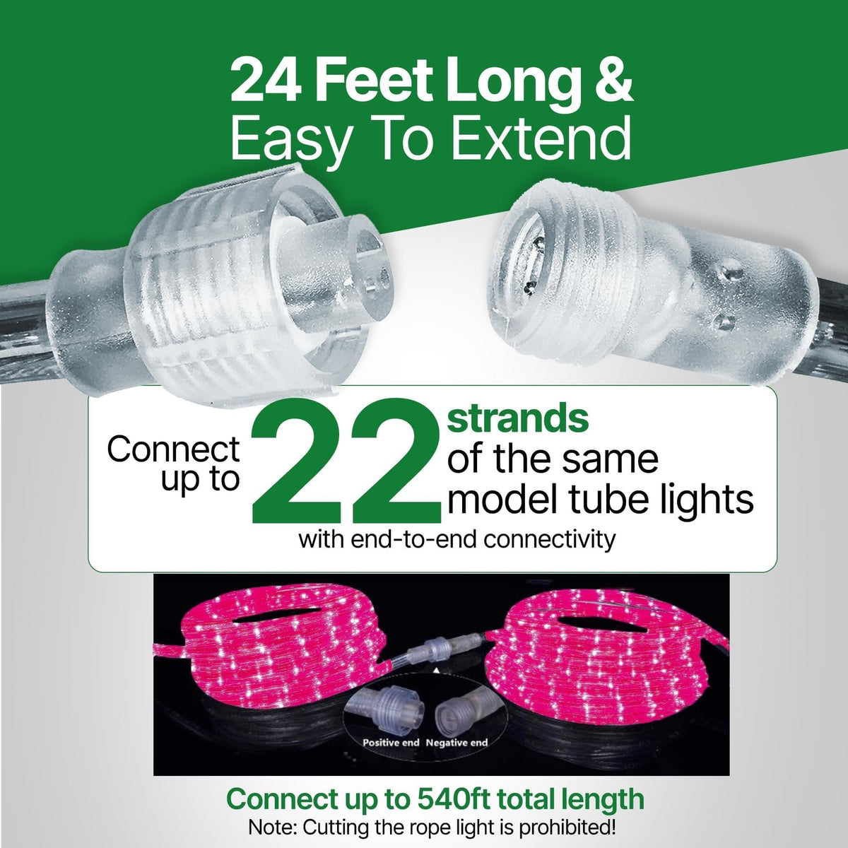 Rope Light LED - 24 Feet (7.3 m), for Indoor and Outdoor use - 10MM Diameter - 144 LED Long Life Bulbs Decorative Rope Tube Lights
