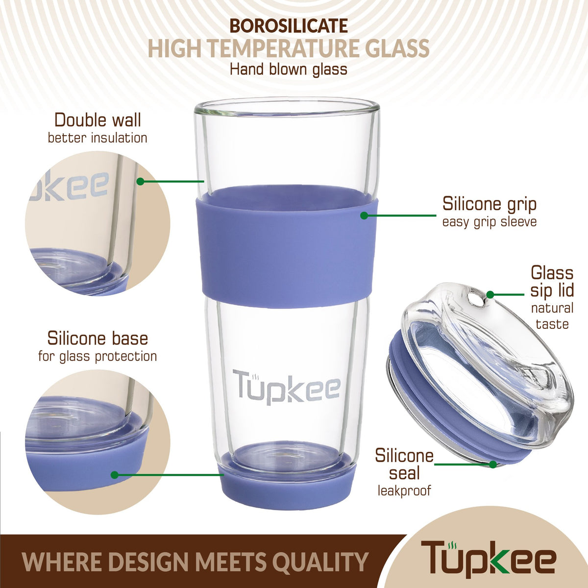 Double Wall Glass Tumbler - 14-Ounce, All Glass Reusable Insulated Tea/Coffee Mug & Lid, Hand Blown Glass Travel Mug