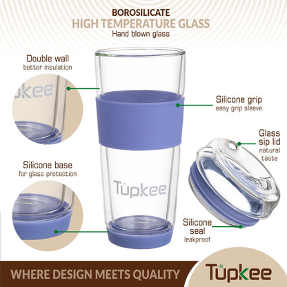 Double Wall Glass Tumbler - 14-Ounce, All Glass Reusable Insulated Tea/Coffee Mug & Lid, Hand Blown Glass Travel Mug
