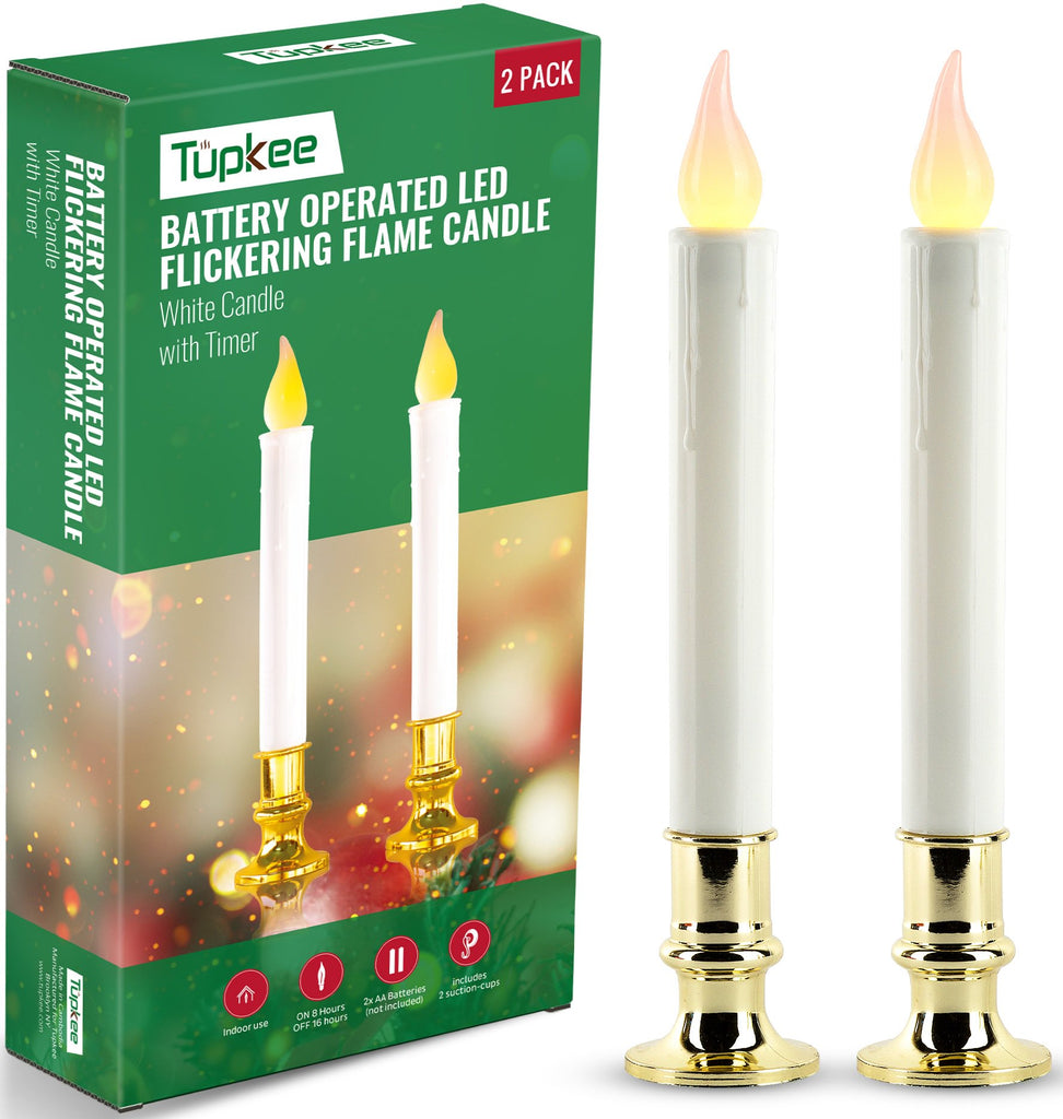 Tupkee Flickering LED Window Candles – Set of 2 Battery-Operated Flameless Christmas Candles with Flickering Flame & Timer for Holiday Window & Home Decoration
