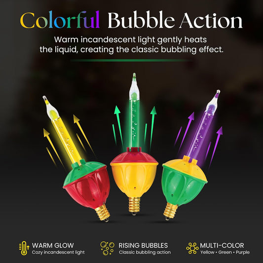 Tupkee Christmas Replacement Bubble Lights – 3 Multi-Color Light Bulbs - Christmas Tree Holiday Decor (Green / Purple / Yellow)