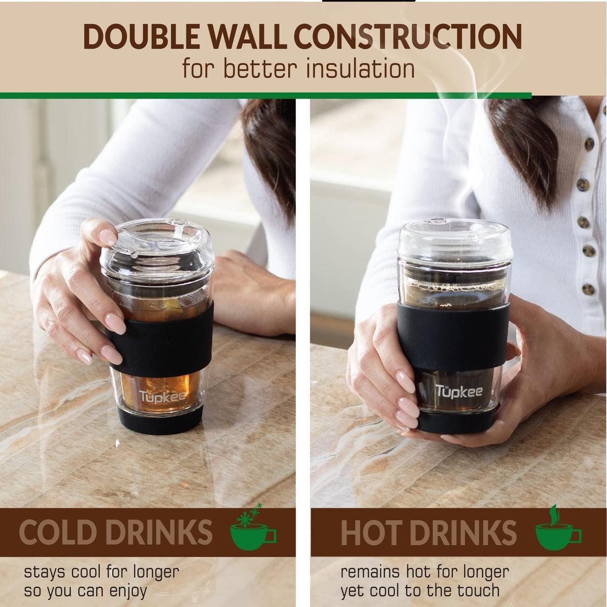 Double Wall Glass Tumbler - 8-Ounce, All Glass Reusable Insulated Tea/Coffee Mug & Lid, Hand Blown Glass Travel Mug