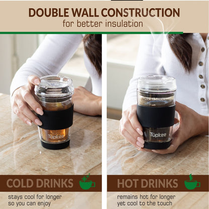 Double Wall Glass Tumbler - 8-Ounce, All Glass Reusable Insulated Tea/Coffee Mug & Lid, Hand Blown Glass Travel Mug