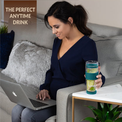 Double Wall Glass Tumbler - 14-Ounce, All Glass Reusable Insulated Tea/Coffee Mug & Lid, Hand Blown Glass Travel Mug