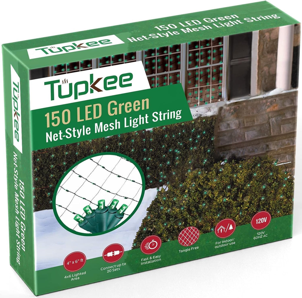 Green Christmas Light Net – 150 LED Mesh Lights - 4 ft x 6 ft – Outdoor/Indoor – Net Lights for Bushes, Hedges or Trees