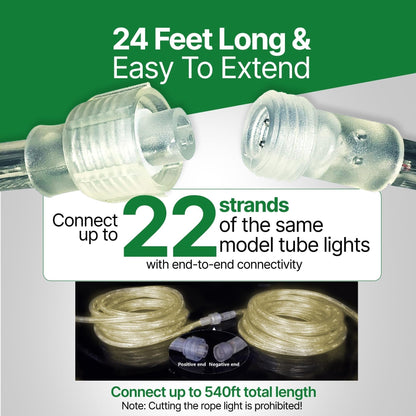 Rope Light LED - 24 Feet (7.3 m), for Indoor and Outdoor use - 10MM Diameter - 144 LED Long Life Bulbs Decorative Rope Tube Lights