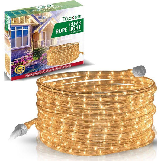 Rope Light Incandescent Clear - 24 Feet (7.3 m), for Indoor and Outdoor use - 10MM Diameter - 288 Clear Warm Incandescent Long Life Bulbs Decorative Rope Tube Lights