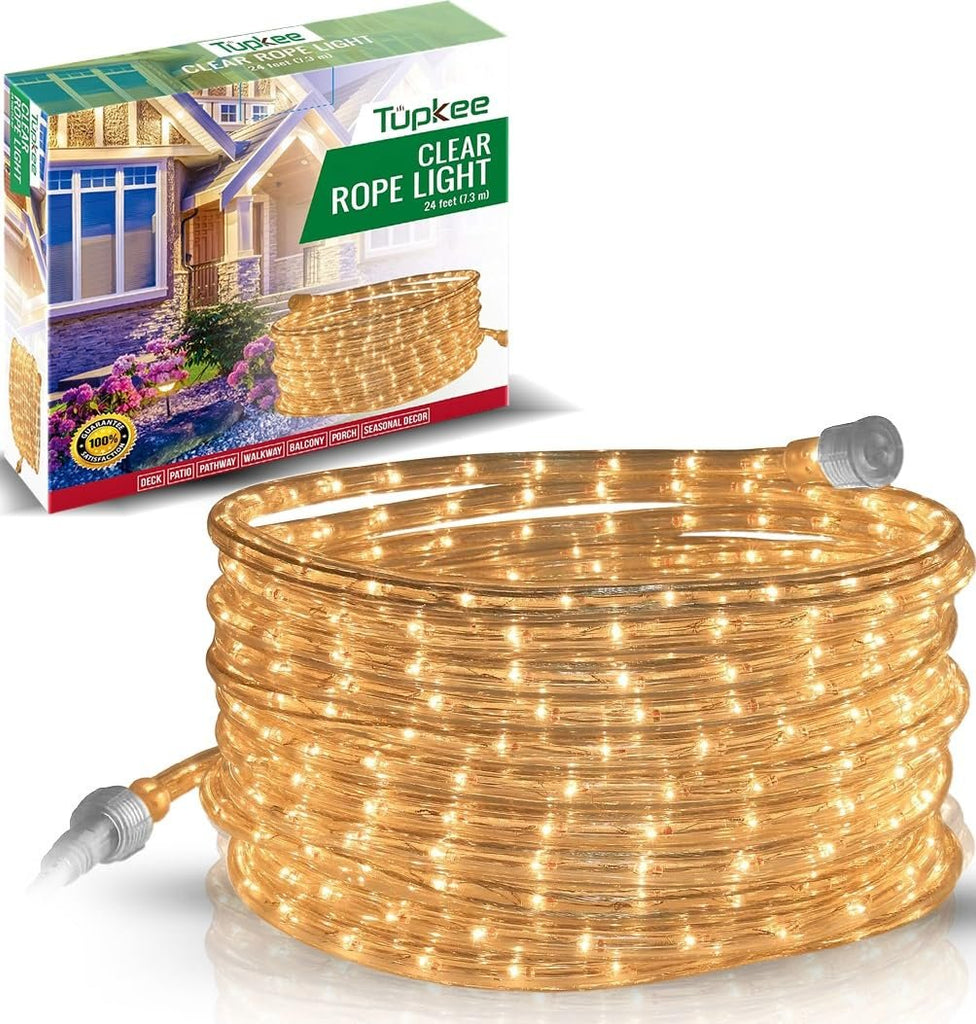 Rope Light Incandescent Clear - 24 Feet (7.3 m), for Indoor and Outdoor use - 10MM Diameter - 288 Clear Warm Incandescent Long Life Bulbs Decorative Rope Tube Lights