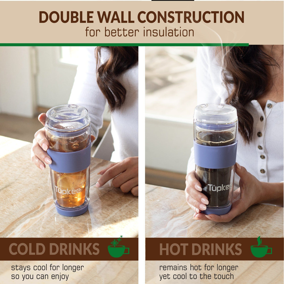 Double Wall Glass Tumbler - 14-Ounce, All Glass Reusable Insulated Tea/Coffee Mug & Lid, Hand Blown Glass Travel Mug