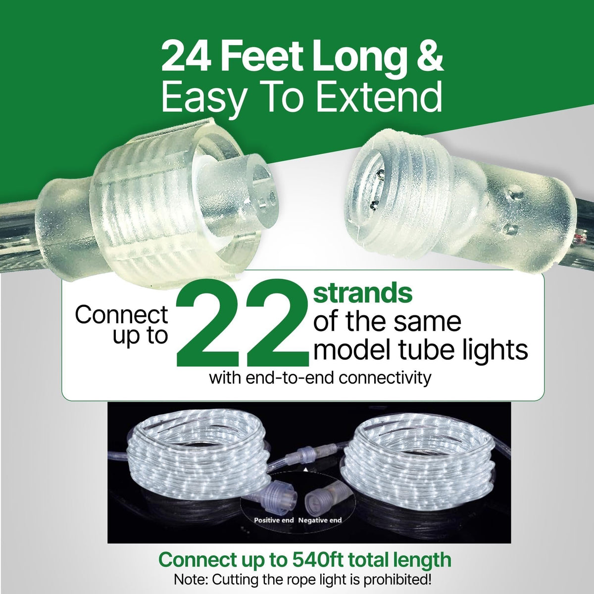Rope Light LED - 24 Feet (7.3 m), for Indoor and Outdoor use - 10MM Diameter - 144 LED Long Life Bulbs Decorative Rope Tube Lights