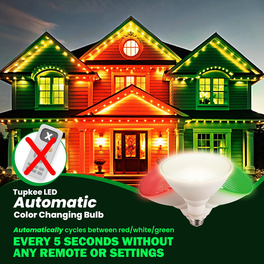 LED Automatic Color Changing Bulb - Automatically Cycles Between Red/Green/White Every 5 Seconds – PAR38, E26, 5W, Christmas Outdoor Porch LED FloodLight Spot Light Bulb Holiday Decoration