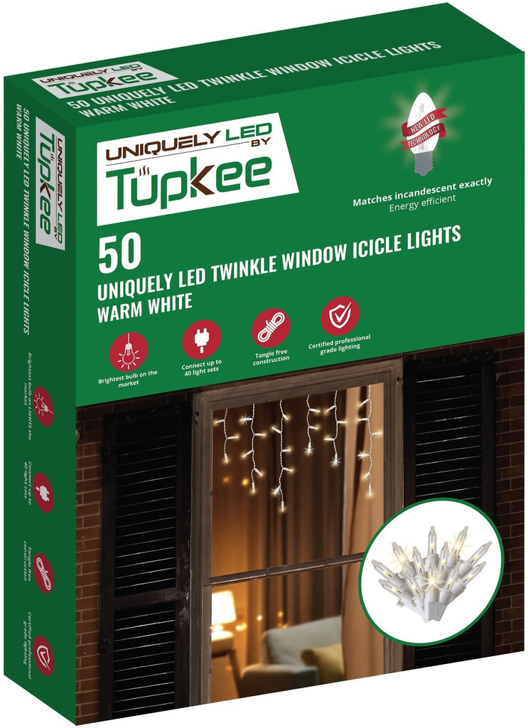 Christmas Twinkle Window Icicle Lights - Uniquely LED, Matches Incandescent Exactly - 3 Feet String (0.91m) - 10 of 50 Bulbs Twinkle Random - 50 LED Warm White Bulb - Twinkling Icicle Christmas Lights
