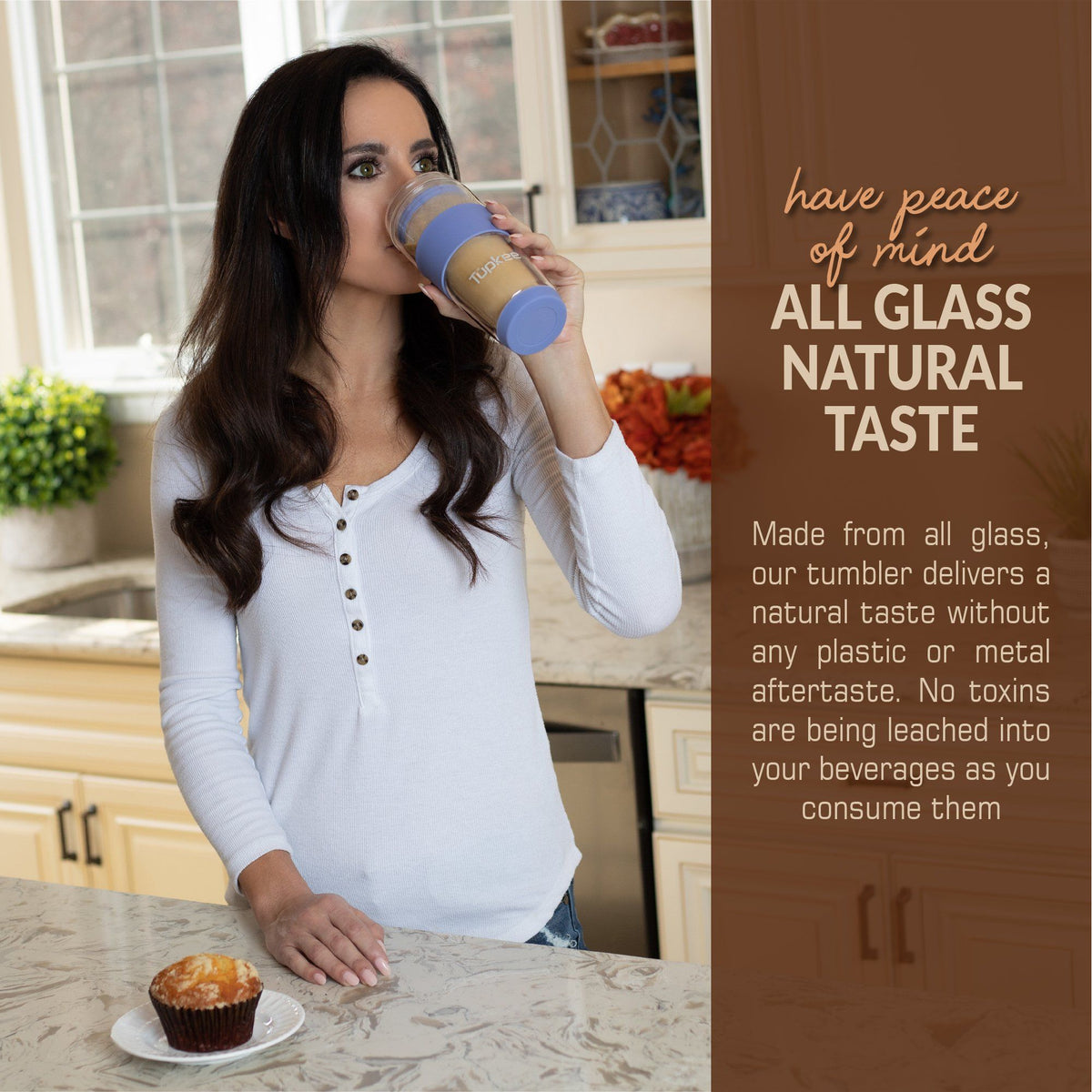 Double Wall Glass Tumbler - 14-Ounce, All Glass Reusable Insulated Tea/Coffee Mug & Lid, Hand Blown Glass Travel Mug