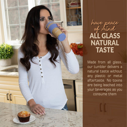 Double Wall Glass Tumbler - 14-Ounce, All Glass Reusable Insulated Tea/Coffee Mug & Lid, Hand Blown Glass Travel Mug