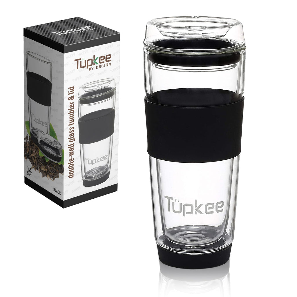 Double Wall Glass Tumbler - 14-Ounce, All Glass Reusable Insulated Tea/Coffee Mug & Lid, Hand Blown Glass Travel Mug - Black