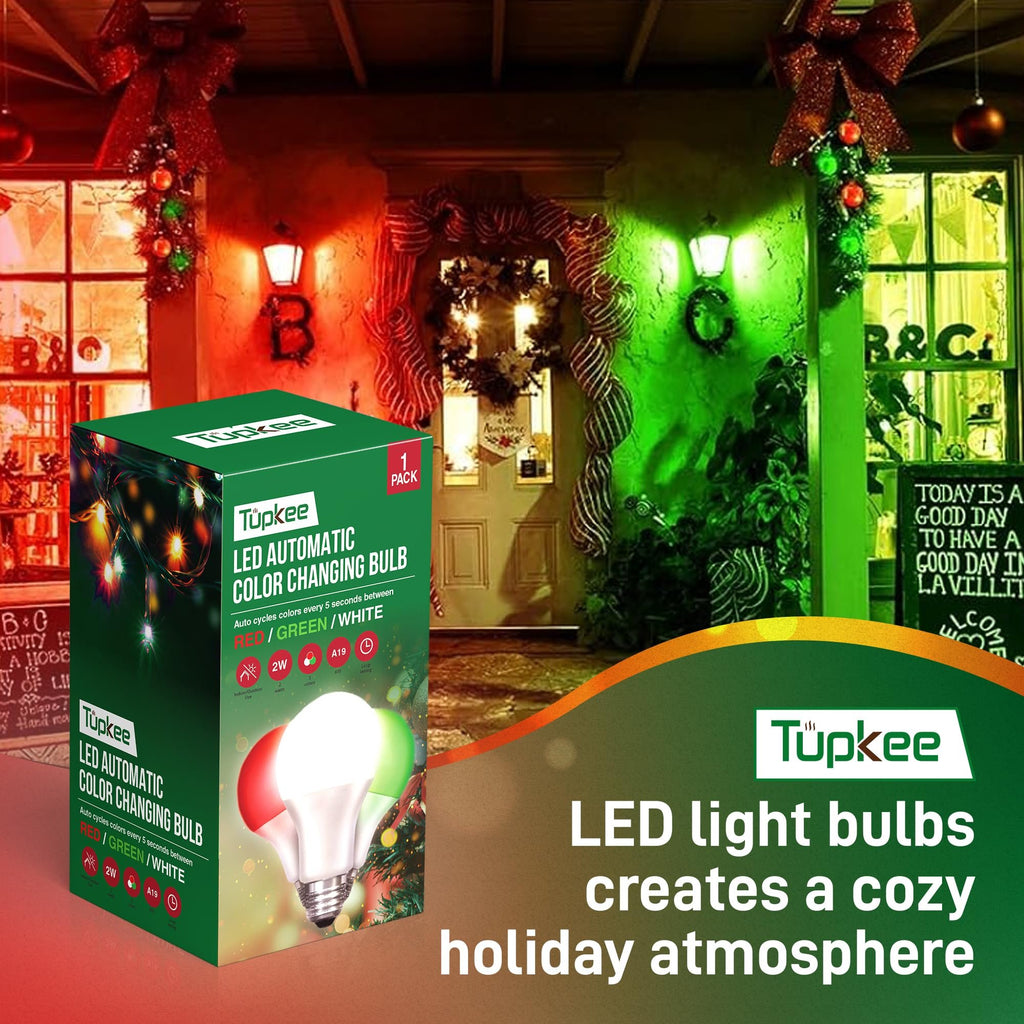Tupkee A19 LED Automatic Color Changing Bulb Red/Green/Warm White 120V GL-A19W10