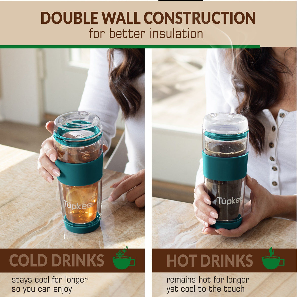 Double Wall Glass Tumbler - 14-Ounce, All Glass Reusable Insulated Tea/Coffee Mug & Lid, Hand Blown Glass Travel Mug