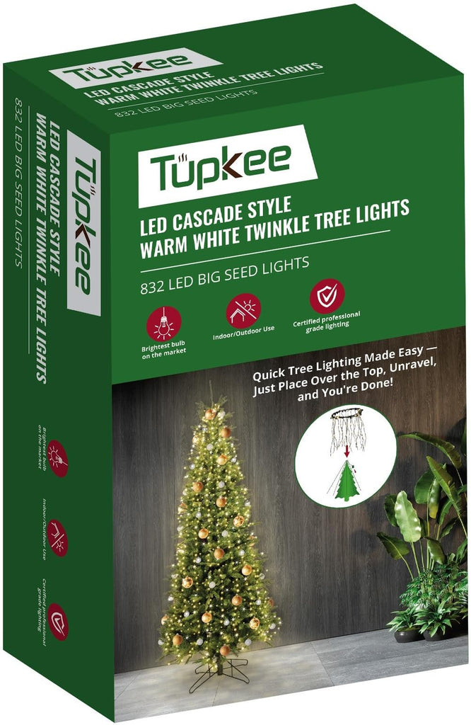 Cascade Style Christmas Tree Lights – LED Warm-White Random Twinkle Lights - Wrap Trees in Seconds Just Drop the Ring & Drape – 208 of 832 Lights Twinkle - 8 Feet String Twinkling Christmas Decoration