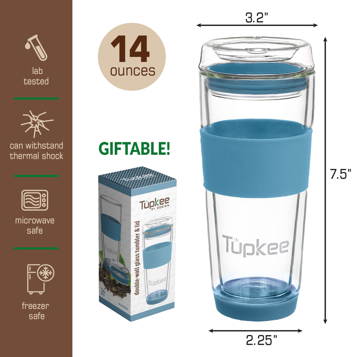 Double Wall Glass Tumbler - 14-Ounce, All Glass Reusable Insulated Tea/Coffee Mug & Lid, Hand Blown Glass Travel Mug