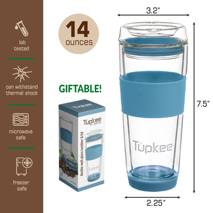 Double Wall Glass Tumbler - 14-Ounce, All Glass Reusable Insulated Tea/Coffee Mug & Lid, Hand Blown Glass Travel Mug