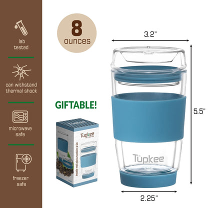 Double Wall Glass Tumbler - 8-Ounce, All Glass Reusable Insulated Tea/Coffee Mug & Lid, Hand Blown Glass Travel Mug