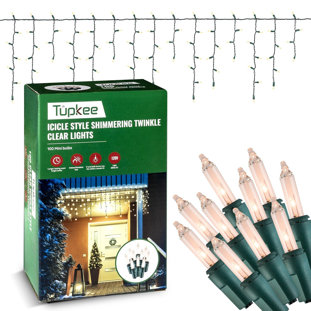 Christmas Icicle Lights Bulbs - Random Shimmering Twinkle Lights - 12 of 100 Bulbs Twinkle - 7 Feet Incandescent, Icicle Style Mini Lights - Indoor & Outdoor Christmas Decorations