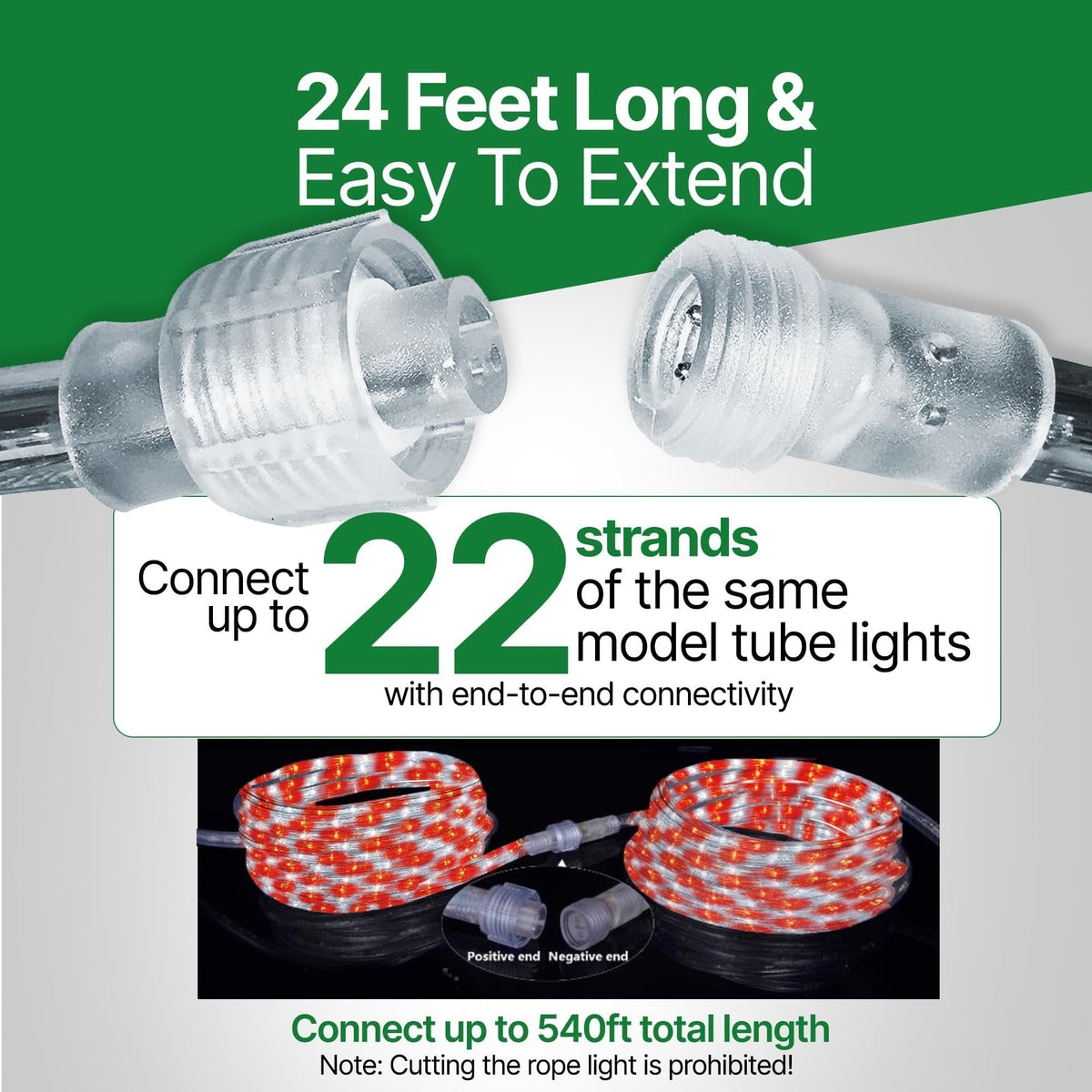 Rope Light LED - 24 Feet (7.3 m), for Indoor and Outdoor use - 10MM Diameter - 144 LED Long Life Bulbs Decorative Rope Tube Lights