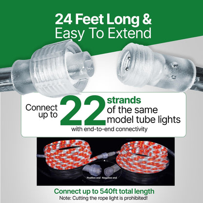 Rope Light LED - 24 Feet (7.3 m), for Indoor and Outdoor use - 10MM Diameter - 144 LED Long Life Bulbs Decorative Rope Tube Lights