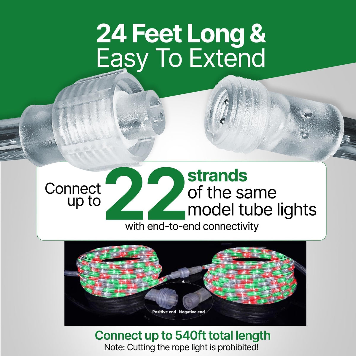 Rope Light LED - 24 Feet (7.3 m), for Indoor and Outdoor use - 10MM Diameter - 144 LED Long Life Bulbs Decorative Rope Tube Lights