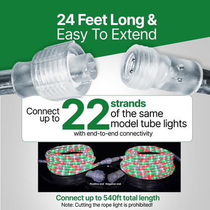 Rope Light LED - 24 Feet (7.3 m), for Indoor and Outdoor use - 10MM Diameter - 144 LED Long Life Bulbs Decorative Rope Tube Lights
