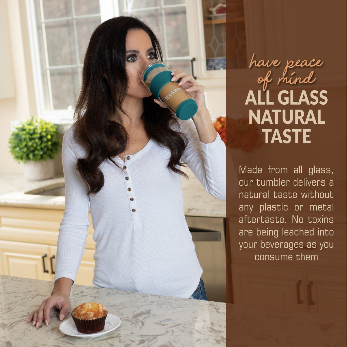 Double Wall Glass Tumbler - 14-Ounce, All Glass Reusable Insulated Tea/Coffee Mug & Lid, Hand Blown Glass Travel Mug