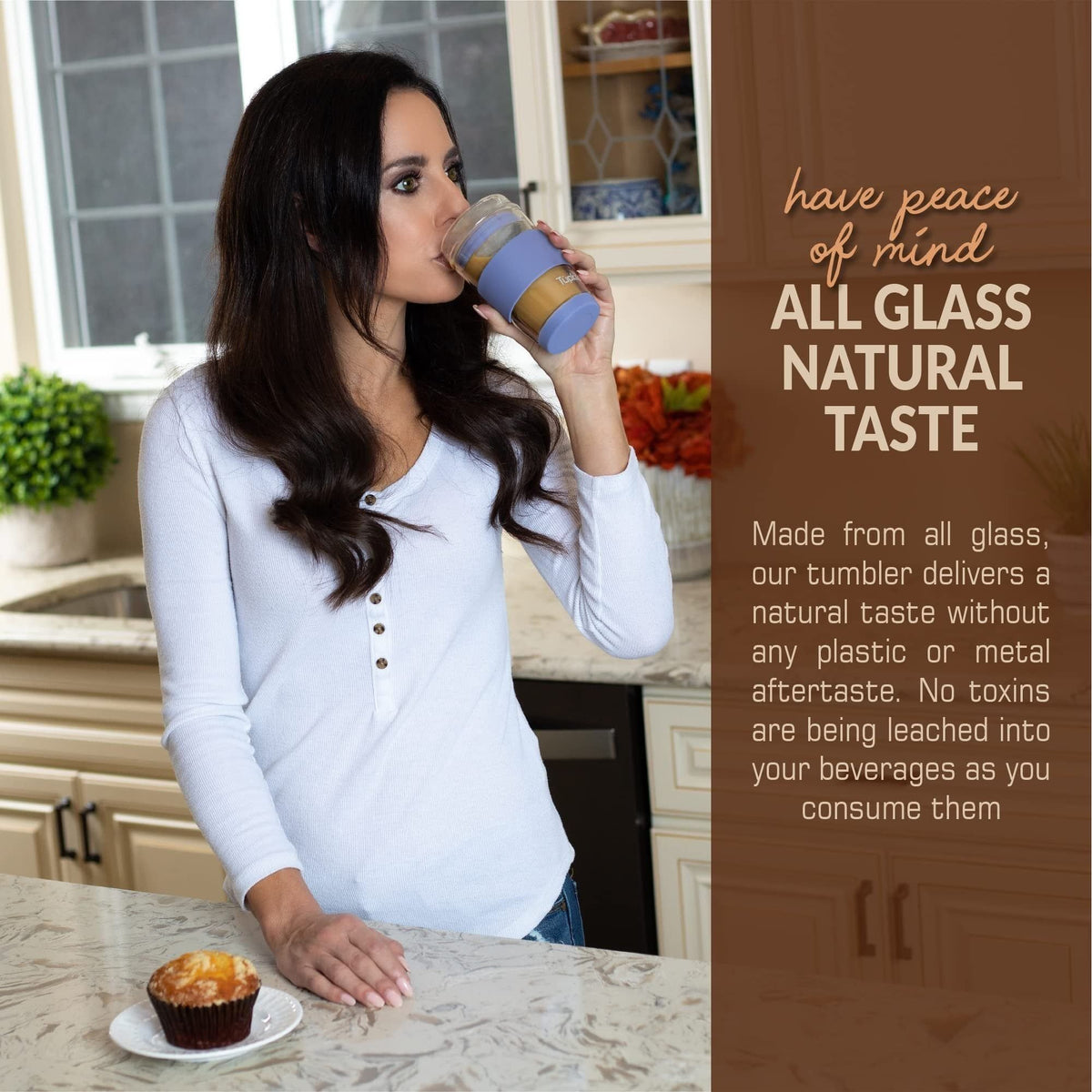Double Wall Glass Tumbler - 8-Ounce, All Glass Reusable Insulated Tea/Coffee Mug & Lid, Hand Blown Glass Travel Mug