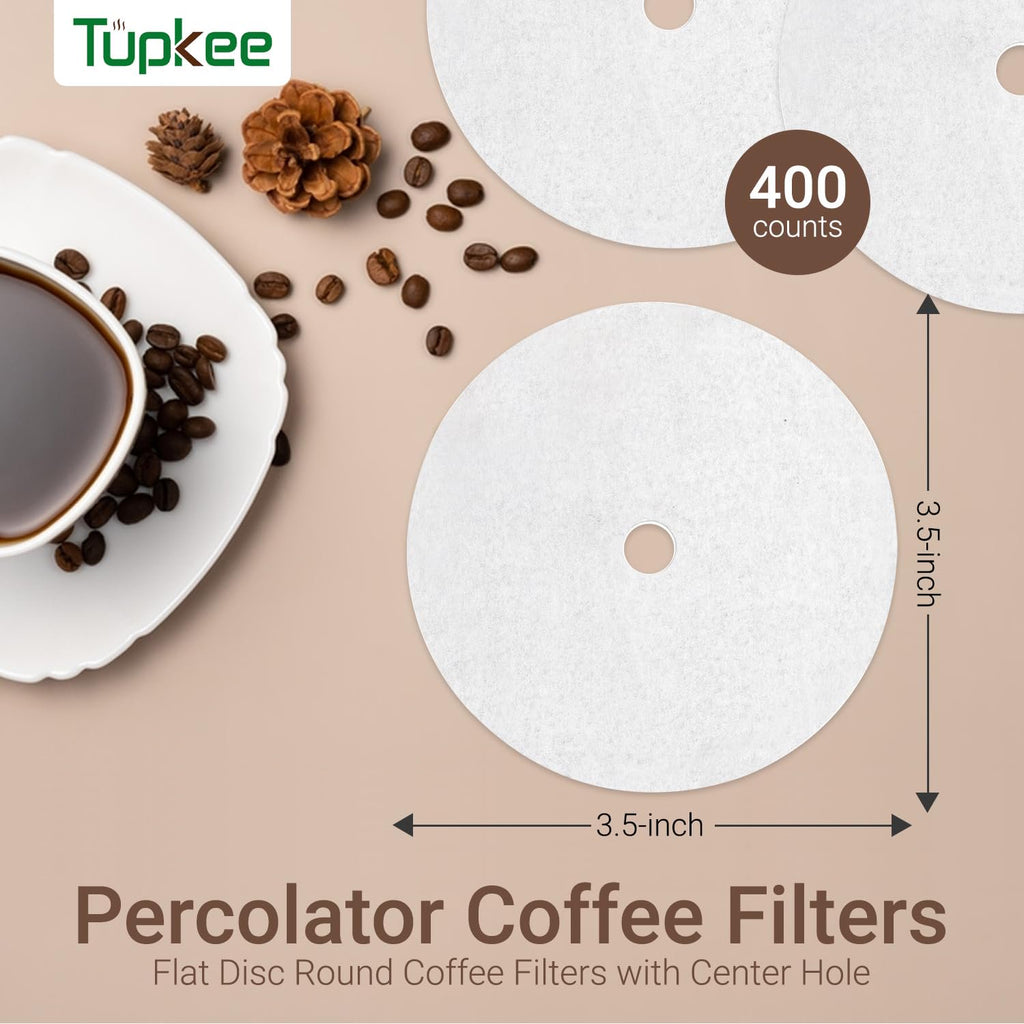 Tupkee 3.5" Percolator Coffee Filters – Flat Disc Round Coffee Filters with Center Hole - 400 Count | Fits All Percolator Coffee Pots - White, Chlorine-Free - Made in the USA