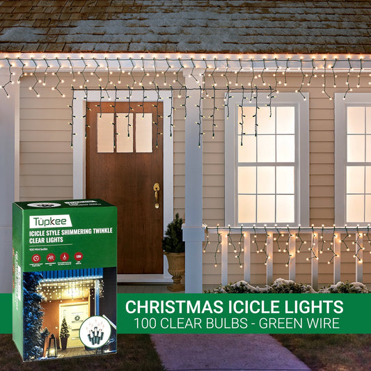 Tupkee Green Wire Christmas Icicle Lights - Random Shimmering Twinkle Lights - 12 of 100 Bulbs Twinkle - 5.5 Feet Incandescent, Icicle Style Mini Lights - Indoor & Outdoor Christmas Decorations