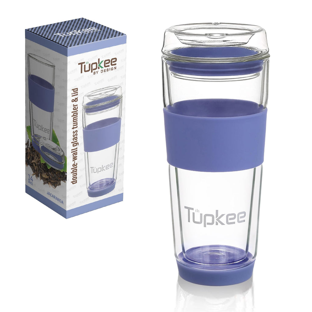 Double Wall Glass Tumbler - 14-Ounce, All Glass Reusable Insulated Tea/Coffee Mug & Lid, Hand Blown Glass Travel Mug - Jacaranda