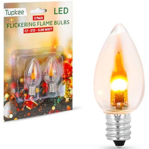 Tupkee LED C7 Flickering Flame Bulb - E12 Base 1W Small Replacement Flicker Night Light Bulb With Dancing Flame For Christmas Candolier Candelabra, Window Candle, Halloween decoration - 2/Pkg