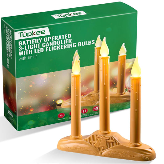 Christmas LED Battery Operated Window Candles, 3-Light Candelabra Flickering Flameless 3-Light LED Christmas Window Candolier, Battery Operated with Timer, for Indoor Holiday Home Decoration