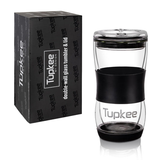 Tupkee double-wall glass tumbler with black lid and packaging on a white background