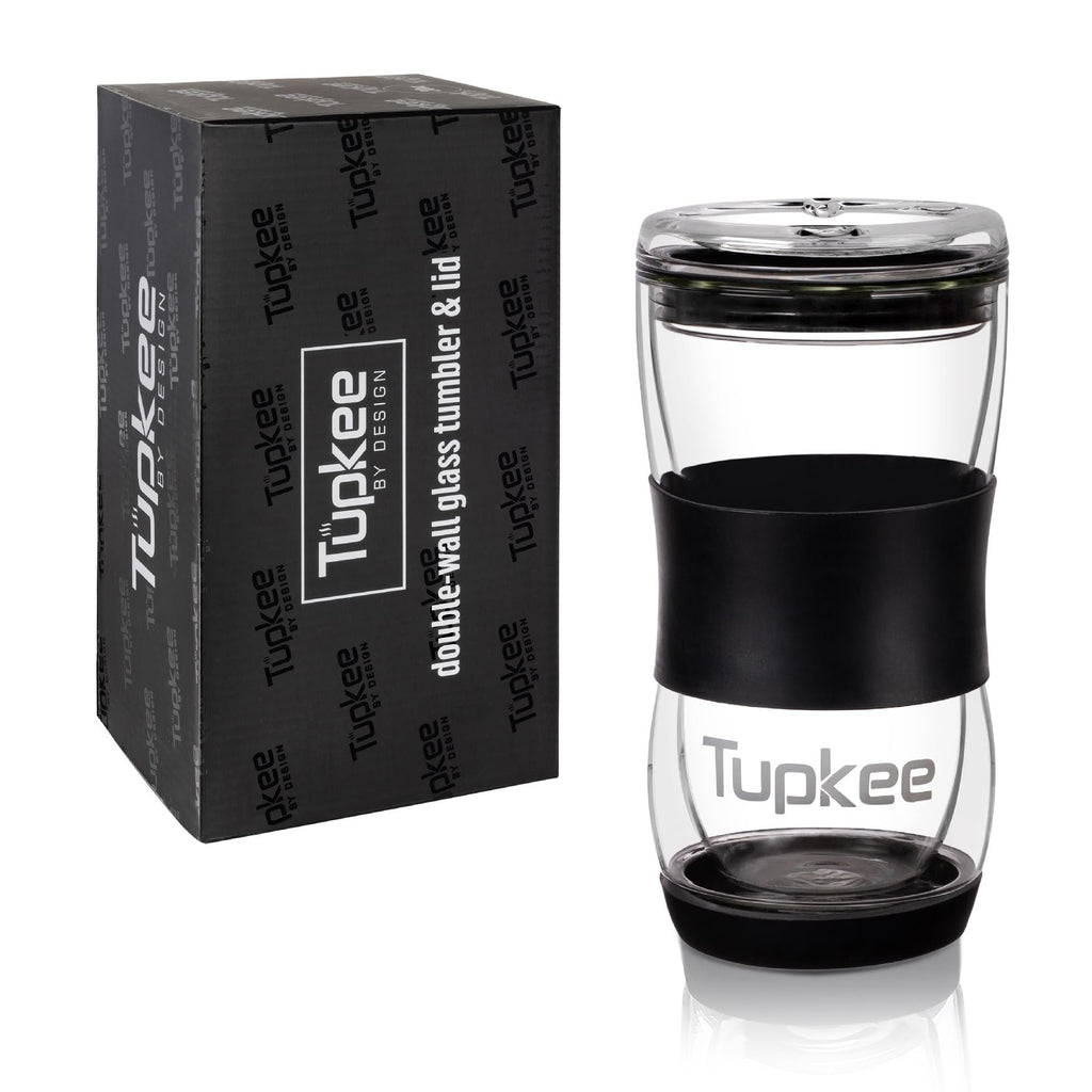 Double Wall Glass Tumbler With Lid – 20-Ounce, All Glass Hand Blown Reusable Insulated Travel Mug - For Coffee, Tea, Boba, Iced Coffee, and Smoothie Cup To Go – Black